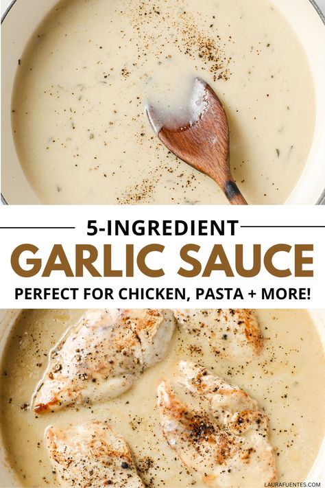 You're going to love the easy of this creamy garlic sauce! It's a simple topping for chicken, pasta, and more! Chicken Tonight Sauce Copycat, Creamy White Sauce For Chicken, Keto Garlic Cream Sauce, Chicken White Sauce Recipe, Onion Sauce For Chicken, Light Garlic Sauce For Pasta, Garlic Herb Sauce Pasta, Pasta Sauce With Chicken Broth, Sauces That Go With Chicken