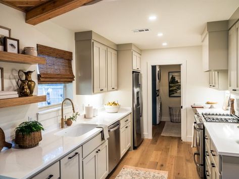 Galley Kitchen Upgrade in White, Gray and Wood Tones Gally Kitchen, Dave And Jenny Marrs, Small Kitchen Makeovers, Gray Ceiling, Fixer To Fabulous, Reno Kitchen, Jenny Marrs, Tile Handmade, Upgraded Kitchen