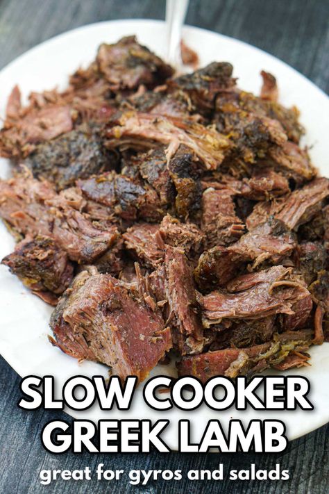 white platter with Greek lamb made in slow cooker and text Crockpot Gyros, Gyro Recipes Lamb, Simple Lamb Recipes, Dream Cooker Recipes, Lamb Leg Crockpot Recipes, Gyro Lamb Recipe, Slow Cooker Gyros, Crockpot Lamb Roast, Lamb In Crockpot