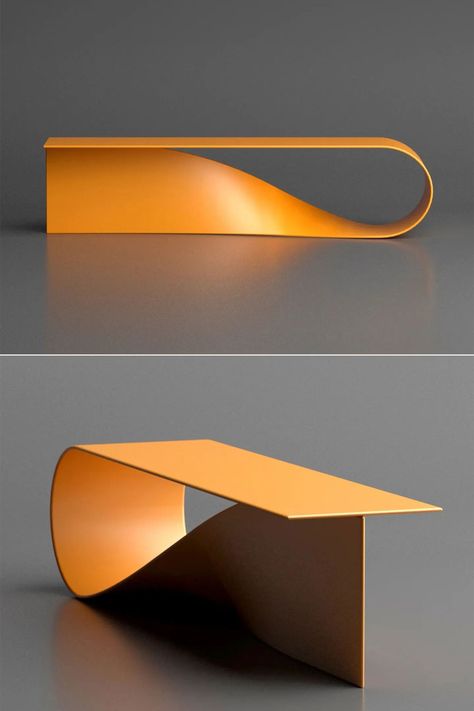 Deniz Aktay Bends Single Metal Stripe Into a Sculptural Low Coffee Table Interesting Furniture Creative, Interesting Table Design, Cool Table Designs, Low Coffee Tables, Organic Industrial Design, Modular Design Product, Sign Design Ideas, Simple Product Design, Creative Coffee Table Ideas