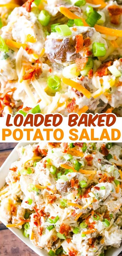 Loaded Baked Potato Salad is a delicious cold side dish recipe made with russet potatoes and loaded with mayo, sour cream, crumbled bacon, cheddar cheese and chopped green onions. Russet Potato Main Dish Recipes, Potato Salad With Peppers, Easter Cold Side Dishes, Potato Salad With Peas, Twice Baked Potato Salad, Russet Potato Salad, Baked Potato Rounds, Baked Potato Salad Recipe, Loaded Potato Salad