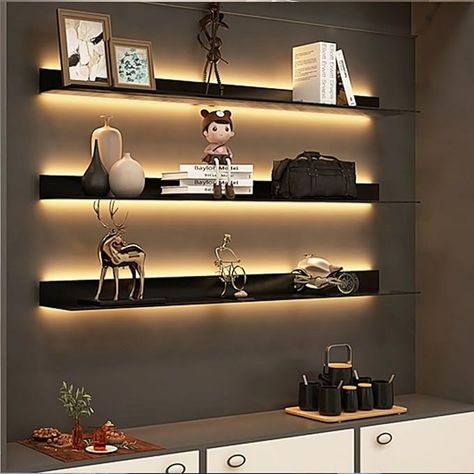 Amazon.com: Wall Mounted Light-Emitting Shelves, Storage Shelf Floating Display Shelf LED Light Up Can Hold A Lot of Things Objects are Not Easy to Fall (Color : Black, Size : 60x23x7.5cm) : Home & Kitchen Led Lights In Shelves, Led Lights On Shelves, Light Up Shelf, Lights Under Floating Shelves, Lighting For Floating Shelves, Floating Shelf Lighting Ideas, Black Shelves Decor, Floating Shelf Lighting, Staggered Floating Shelves Living Room