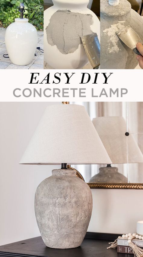 DIY Concrete Lamp Diy Oak Nightstand, Diy Stone Decor, Diy Vase To Lamp, Zen Diy Decor, Diy Lamp From Vase, Organic Modern Table Decor, Diy Clay Pottery, Ikea Lamp Makeover, Distressed Lamps