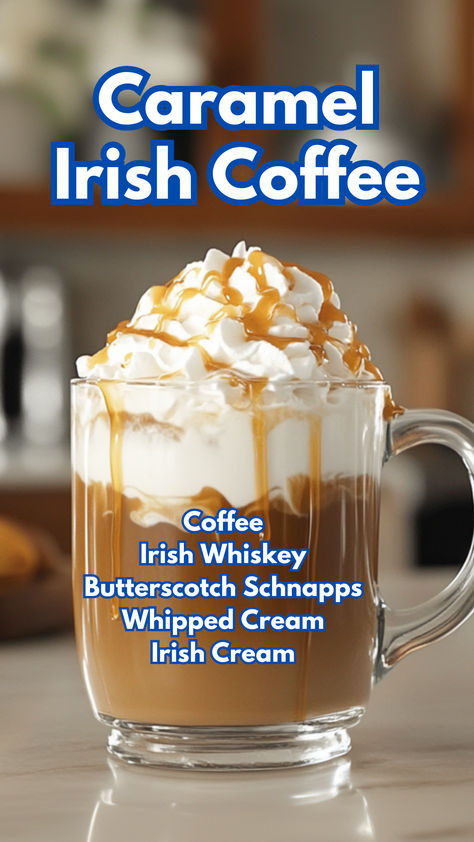 Caramel Irish Coffee Homemade Irish Cream Coffee Creamer, Homemade Irish Cream Liquor, Irish Coffee Recipe Baileys, Irish Cream Drinks, Faux Coffee, Irish Cocktails, Whiskey Drinks Recipes, Cocktail Cards, Irish Coffee Recipe