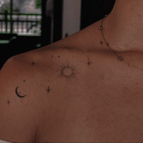 Moon Tatoos Aesthetic, Celestial Shoulder Tattoo, Woman’s Chest Tattoo, Tattoo Ideas Female Stars, Lunar Tattoo Ideas, Tattoo Size Chart Inches, Tattoo Ideas Female Moon, Colorbone Tattoos Women, Mid Chest Tattoo