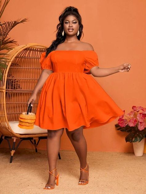 Plus Size Orange Dresses, Plus Size A Line, Plus Size Summer Dresses Party, Orange Plus Size Dress, Orange Plus Size Outfits, Romantic Style Black Women, Plus Size Orange Dress, Plus Sized Dresses, Shein Dresses Summer