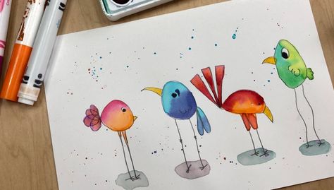 Draw and paint a row of quirky birds with me. – Bee Artful Quirky Bird Illustration, Whimsical Bird Watercolor, Whimsical Birds Art, Happy Watercolor Paintings, Whimsical Birds Watercolor, Quirky Watercolor Paintings, Quirky Birds Art, Watercolor And Doodles, Easy Watercolor Doodles