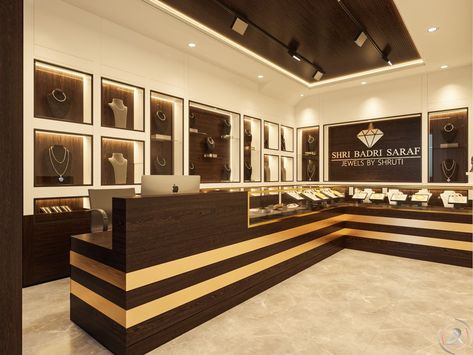 Jewellery Showroom Interior Design Ideas, Main Counter Design For Shop, Gold Showroom Interior, Gold Store Design, Jewellery Showroom Interiors Jewelry Shop, Gold Jewelry Shop Interior Design, Gold Shop Design, Modern Jewelry Store Interior, Gold Shop Interior Design