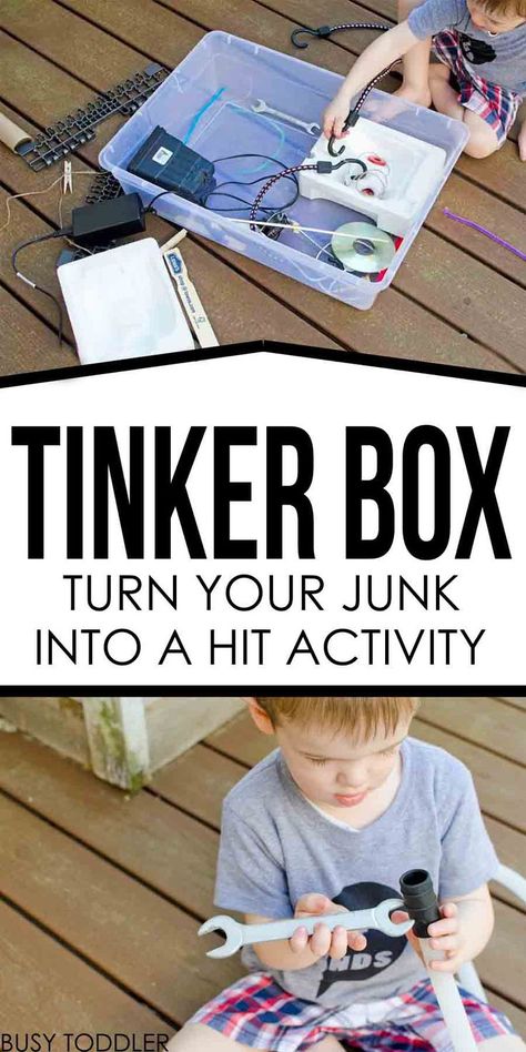 Tinker Box Inventor’s Kit: Turn your junk into a hit activity; fine motor skills; STEM for toddlers and preschoolers Tinker Box, Steam Ideas, Preschool Stem, Stem Activity, Busy Boxes, Science Activities For Kids, Stem For Kids, Busy Toddler, Science Experiments Kids