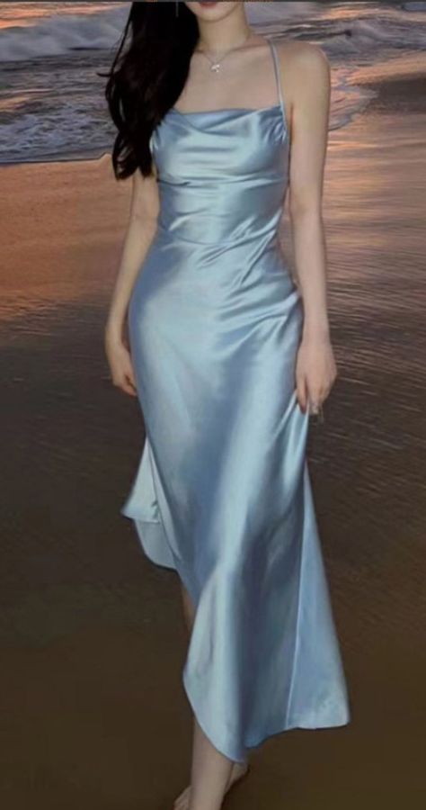 Aesthetic Blue Halter Silk Satin Maxi Dress. https://pradize.com/collection/classy-evening-maxi-dresses-long-formal?menu= Formal Mid Length Dress, Light Blue Satin Dress Long, Blue Dinner Dress, Satin Dress Outfit, Sleeveless Blue Dress, Promotion Dresses, Silk Party Dress, Silk Prom Dress, Party Midi Dress