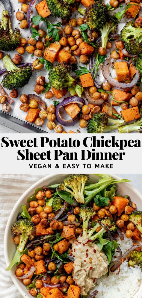 This vegan chickpea sheet pan dinner includes sweet potato, chickpeas, and broccoli roasted with simple spices and herbs. Full of flavor, easy to assemble and bakes in one pan! Broccoli Roasted, Potato Chickpea, Vegan Chickpea, Sheet Pan Dinners Recipes, Chickpea Recipes, Vegetarian Dinners, Think Food, Spices And Herbs, Sheet Pan Dinners