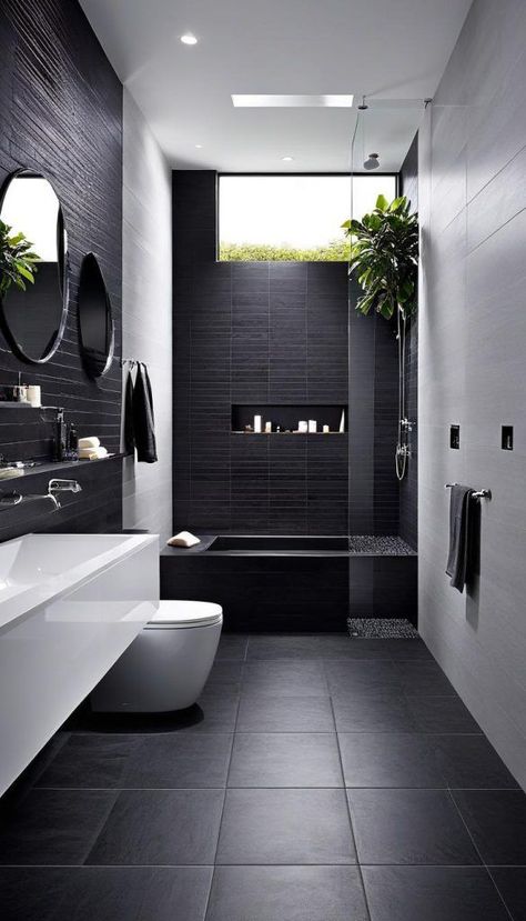 Dark Tiles In Bathroom, Small Bathroom Ideas Dark, Dark Bathrooms Ideas, Modern Bathroom Tiles Design Ideas, Modern Dark Bathroom, Dark House Interior Design, Dark Bathroom Design, Dark Tile Bathroom, Bathroom Ideas Dark