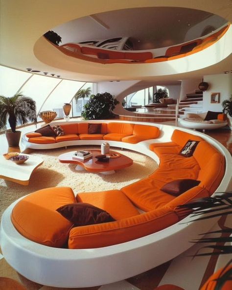 Orange living rooms by @thevxsxons Orange Living Rooms, Retro Futurism Interior, 70s House Decor, 60s Interior, Furniture Magazine, Dream House Aesthetic, 1960s House, 80s Interior, 70s House