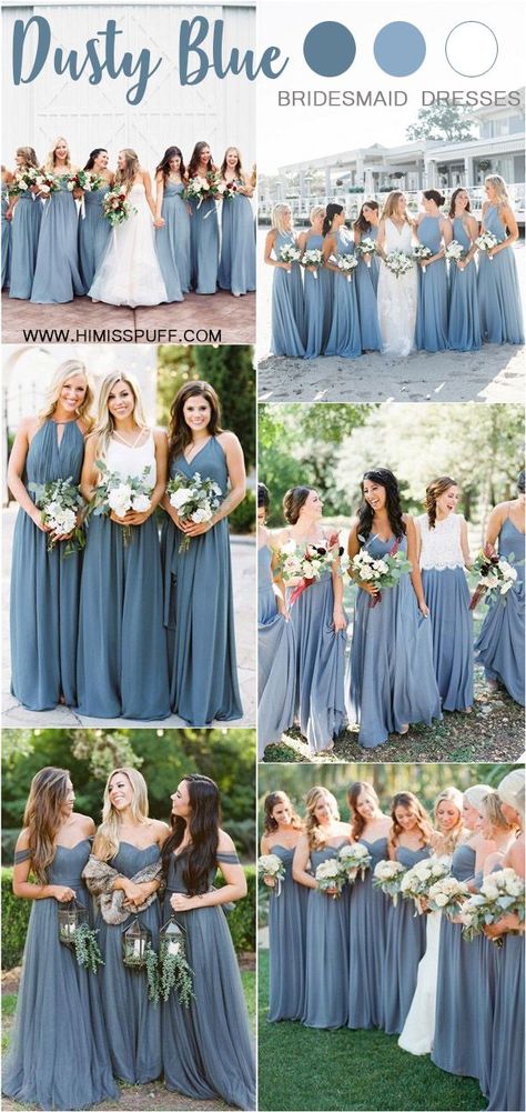 Dusty Blue Entourage, Dusty Blue Dress Outfit, Blue Dress Outfit Ideas, Slate Blue Bridesmaid Dresses, Blue Dress Outfit, Dusty Blue Bridesmaid, Dusty Blue Dress, Blue Bride, Dusty Blue Bridesmaid Dresses