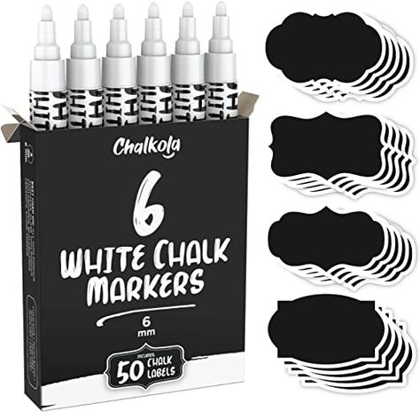 Amazon.com : Chalkola White Chalk markers (6 Pack) - White Dry Erase Liquid Chalk Pens for Chalkboard, Blackboard, Window, Bistro, Car Glass, Board, Signs - Erasable ink 6mm Reversible Tip + 50 Chalk labels : Office Products Chalk Labels, Art And Craft Paper, Window Markers, Chalkboard Markers, Chalk Marker, Liquid Chalk Markers, Chalk Lettering, Chalk Ink, Chalkboard Labels