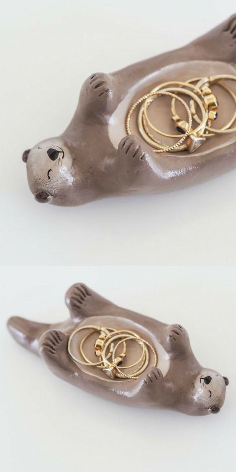 Otter Ring Holder, Otter Clay Dish, Cute Ring Holders Clay, Pottery Painting Jewelry Holder, Air Clay Ring Holder, Clay For Jewelry Holder, Ceramic Art Jewelry Holder, Air Dry Clay Ring Holder Diy, Ceramics Ring Holder