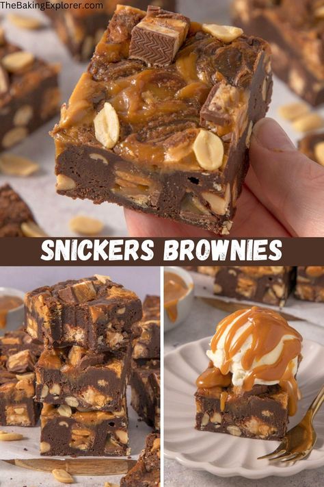 Recipe for Snickers Brownies - fudgey chocolate brownies packed with peanut butter, caramel sauce and Snickers bars #thebakingexplorer #snickers #chocolatebrownies #peanutbutter #caramelbrownies Mars Bar Brownies, Snickers Brownie Cake, Peanut Butter Caramel Brownies, Snickers Brownies Recipe, Brownies With Toppings, Butter Caramel Sauce, Homemade Snickers Bars, Snickers Brownies, Cookies Nyc