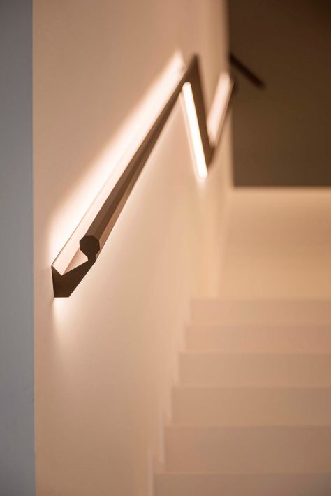 LED Lighting Above And Below The Handrail Illuminates These Stairs Staircase Handrail Lighting, Wall Handrail Design, Stairs Lighting Ideas, Stair Lights Indoor, Stairs Light, Handrail Lighting, Stairs Lighting, Wall Mounted Handrail, Led Stair Lights