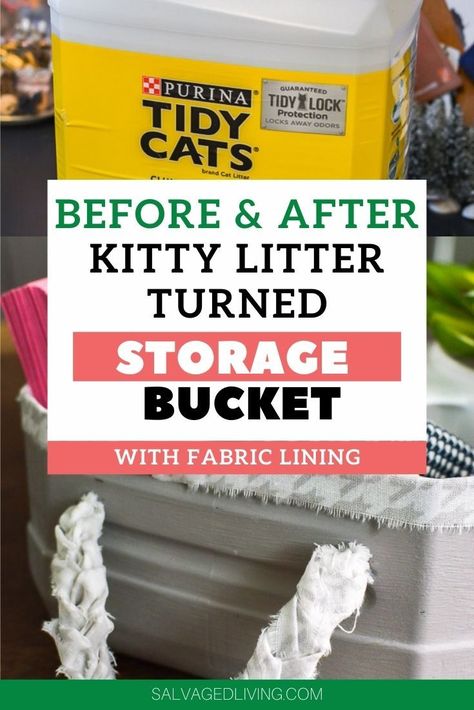 Use those leftover kitty litter jugs to make really handy storage baskets with fabric lining and handles. They can be used in so many different ways to help you get organized. Get the simple DIY… More Kitty Litter Container Ideas Diy, Repurpose Kitty Litter Buckets, Cat Litter Bucket Ideas, Repurpose Cat Litter Jugs, Cat Litter Storage Ideas, Kitty Litter Bucket Repurpose, Cat Litter Bucket Repurpose, Litter Bucket Repurpose, Cat Litter Containers Repurpose