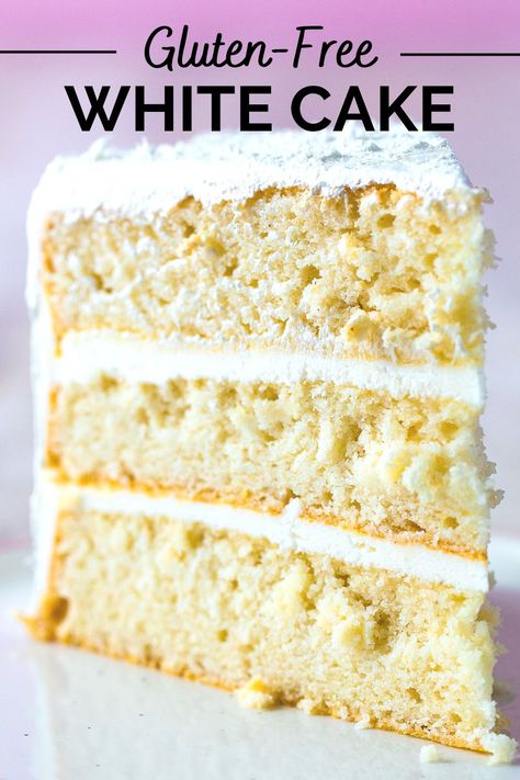 Slice of gluten-free white cake on a plate. Gf Vanilla Cake Recipe, Gluten Free White Chocolate Cake, Gluten Free Layered Cake, Gluten Free Italian Cream Cake, Gluten Free Layer Cake, Gluten Free Cakes Recipes, Best Gluten Free Vanilla Cake Recipe, Cake Recipe Using Cake Flour, Gluten Free White Cake Recipe