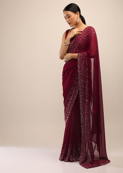 Maroon Saree In Georgette With Kundan Embellished Border Red Sequin Saree, Party Wear Sarees Online, Maroon Saree, Saree Party Wear, Saree Wearing Styles, Pure Georgette Sarees, Sequin Saree, Kalki Fashion, Fancy Sarees Party Wear