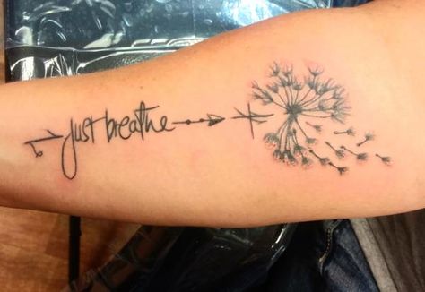 Just breathe dandelion tattoo Dandelion And Wildflower Tattoo, Tattoo Ideas Female Dandelion, Just Breathe Wrist Tattoos For Women, Dandelion Forearm Tattoo, Just Breathe With Flower Tattoo, Dandelion Arm Tattoo, Just Breathe Quotes Tattoo, Just Breathe Dandelion Tattoo, Dandelion Tattoo Design Simple