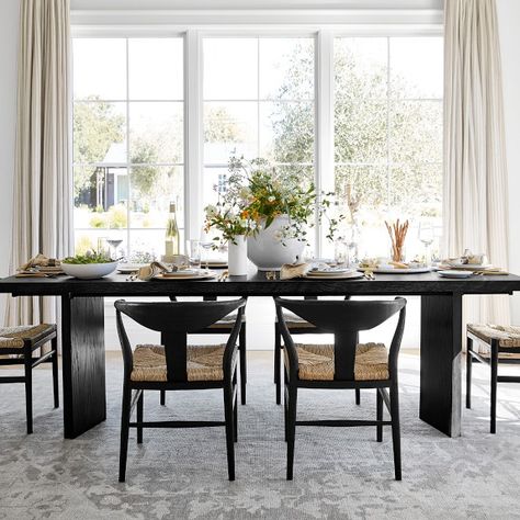 Kitchen + Dining Room Furniture | Williams Sonoma Ebony Dining Table, Black Dining Table Decor, Black Dining Room Table, White Oak Table, Black Dining, Black Dining Room, Expandable Dining Table, Williams Sonoma Home, Dining Table Black