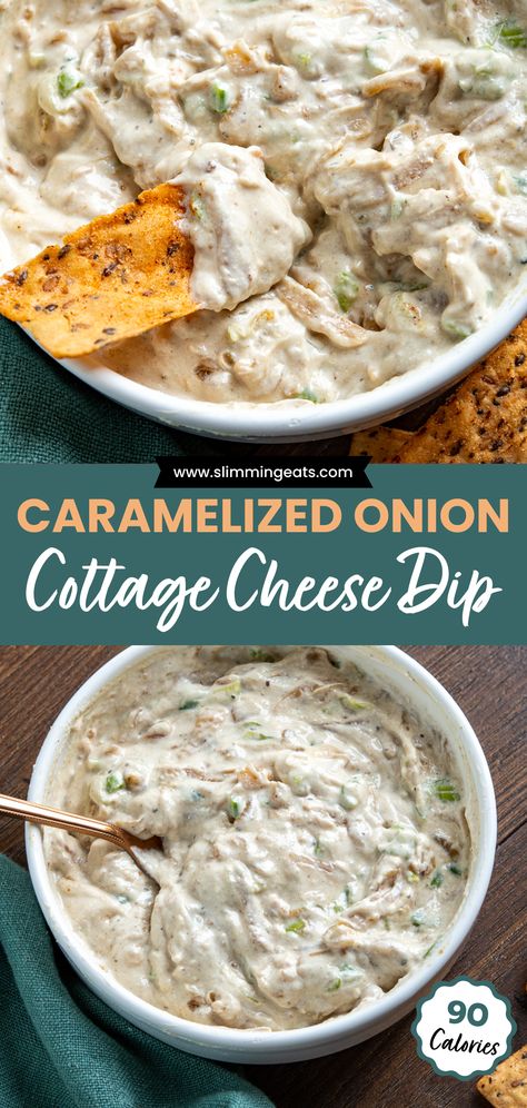 The ultimate high-protein dip to elevate your summer snacking is this yummy caramelized onion cottage cheese dip. Despite its humble cottage cheese base, this dip delivers an explosion of flavour. Creamy, low-calorie, and versatile, it's the perfect accompaniment to burgers, salads, or simply for dipping. Cottage Cheese Onion Dip Recipe, French Onion Cottage Cheese Dip, Dips Using Cottage Cheese, Garlic Cottage Cheese Dip, Chip Dip With Cottage Cheese, Deviled Egg Dip Cottage Cheese, Cottage Cheese Garlic Dip, Veggie Dip Cottage Cheese, Cottage Cheese Onion Dip