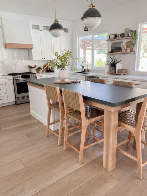 Island With Wooden Counter Top, Diy Kitchen Island With Seating For 6, Kitchen Island Plus Table, Narrow Island With Seating At End, Long Island Kitchen Ideas, Small Eat In Kitchen With Island, Gally Kitchen Island, Kitchen Island With Table Seating, Small Kitchen With Big Island