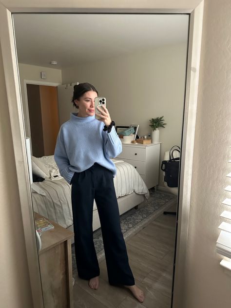 Tailored Pants Outfit Fall, Wide Leg Blue Pants Outfit Work, Grey Blue Sweater Outfit, Styling Blue Trousers, Blue Pants Office Outfit, Navy Pants Outfit Winter, Business Casual Outfits Law Firm, Work Outfit Blue Pants, Work Outfit Sweater