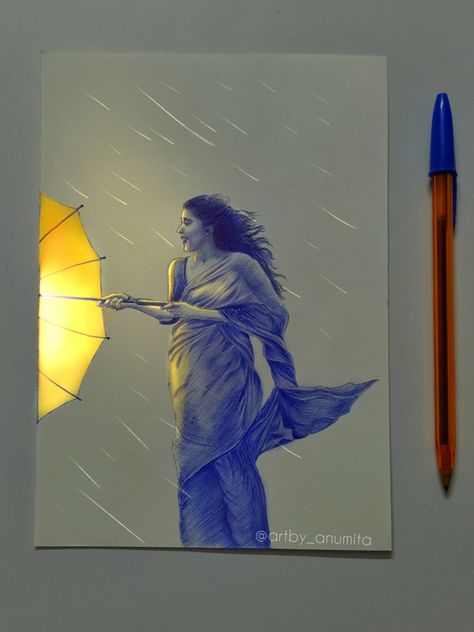 pen sketch of a woman with umbrella in the rain Black And White Pen Drawings, Painting With Sketch Pens, Sketch Pen Art Colour, Blue Pen Sketch Simple, Colour Pen Art, Colour Pen Drawing, Glow Sketch, Easy Pen Drawing, Pen Sketch Drawing