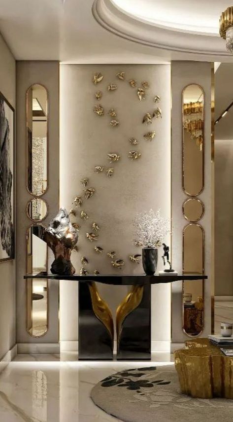 Room Passage Design, Passage Wall Design Modern, Passage Wall Decor Ideas, Entry Passage Design, Entrance Passage Design, Luxury Console Entrance, Passage Wall Design, Foyer Design Luxury, Foyer Design Modern Entrance