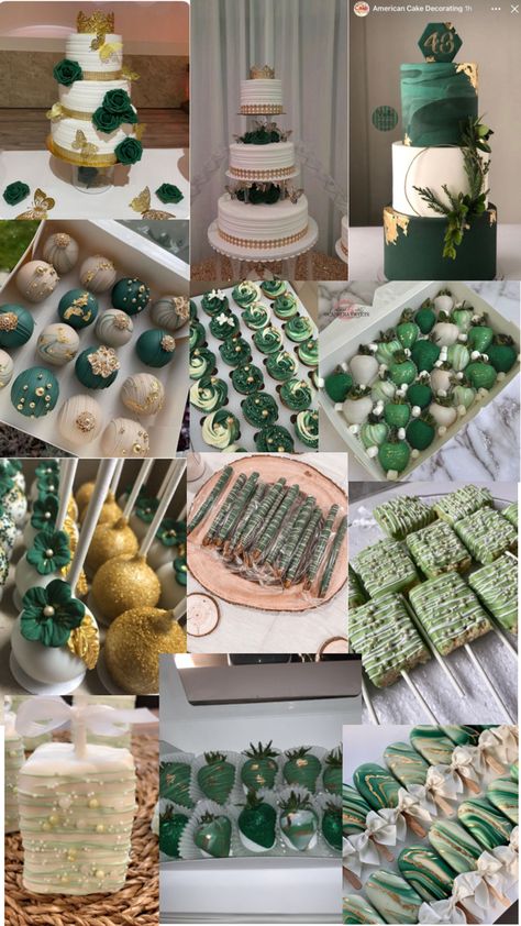 Green Cakes For Quinceanera, Emerald Green Snack Table, Sweet 16 Forest Green, Green Xv Decorations, Forest Sweet 16 Theme, Emerald Green Forest Quinceanera Theme, Green Gold Quinceanera Theme, Enchanted Forest Dessert Table Sweets, Emerald Green And White Quinceanera Theme