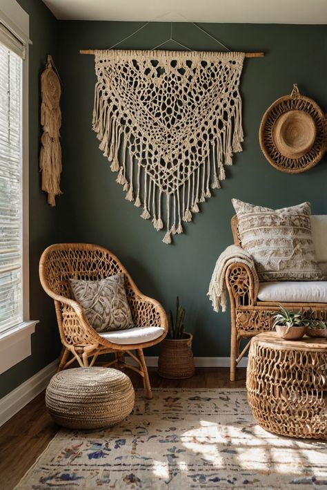 Embark on a mystical journey through boho vibes with our exquisite rattan and macrame collection. Discover the ultimate delights that await! #ad     #Colortrend #wallpaint2024  #color2024  #DIYpainting  ##DIYhomedecor  #Fixhome Boho Babe Cave, Boho Themed House, Boho Wall Colors, Macrame Wall Decor Ideas, Principles Of Interior Design, Boho Decorations, Macrame Room, Solid Wood Kitchen Cabinets, Boho Farmhouse Decor