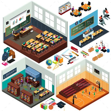 Isometric Design of School Buildings and Classrooms School Illustration Building, School Building Illustration, Preschool Room Layout, School Reception, School Buildings, Architects Desk, Hanbok Traditional, Preschool Rooms, Smart School