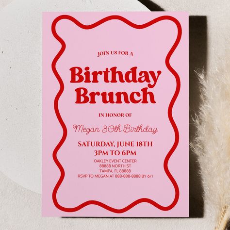 Aesthetic Brunch Party, Brunch Pink Theme, Pink Red Invitation, Pink Red Party Decorations, Brunch Birthday Party Invitation, Pink Red Birthday Party, Aesthetic Birthday Invitations, Brunch Party Invitations, Birthday Brunch Decorations