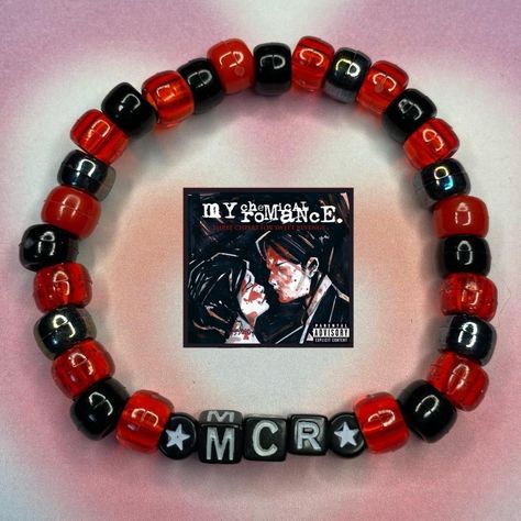 Rock Band Bracelets, Mcr Kandi Bracelets, Fall Out Boy Bracelet Ideas, Movie Bracelet Ideas, Mcr Bracelet Ideas, Kandi Singles Ideas Emo, Band Kandi Bracelets, My Chemical Romance Bracelet, Horror Kandi