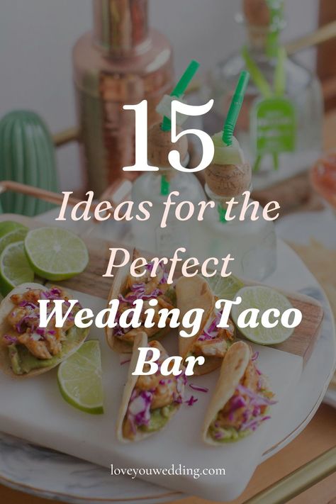 15 ideas for the best ever wedding taco bar for your wedding reception buffet. Whether you're setting up a DIY taco bar for your wedding reception buffet, rehearsal dinner, engagement party, or wedding shower, uncover tips and ideas for a flavorful celebration. Click through for 15 perfect tips and ideas for your wedding taco bar. Mexican Themed Wedding Reception Food, Wedding Food Ideas Taco Bar, Wedding Taco Bar Ideas Rustic, Taco Bar Presentation Ideas, Taco Bar For Wedding Rehearsal, Tacos For Wedding Receptions, Taco Bars For Weddings, Slider Bar Wedding Reception, Wedding Dinner Station Ideas