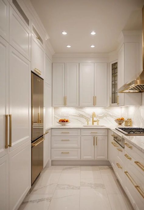 White And Gold Shaker Kitchen, Elegant Apartment Kitchen, White Kitchen Renovation Ideas, White And Gold Kitchen Cabinets, Kitchen Design White And Gold, Kitchen Ideas White And Gold, Kitchen Ideas Gold And White, White And Golden Kitchen, White And Gold Small Kitchen