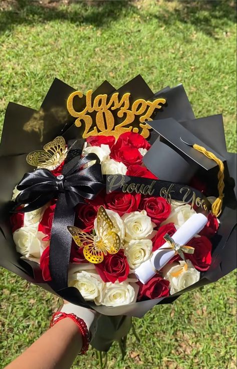 Rose Bouquet For Graduation, Ribbon Flower Bouquet Graduation, Ribbon Roses Arrangement, Graduation Bouquets Ideas, Money Bouquet Ideas Graduation, Grad Bouquet Ideas For Him, Ramos For Graduation, Graduation Ramos Eternal, Senior Bouquet Ideas