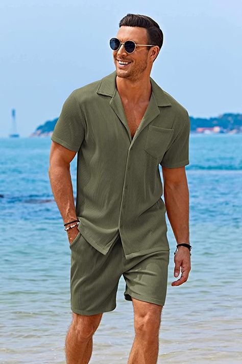 COOFANDY Men's 2 Pieces Shirt Sets Short Sleeve Casual Button Down Hippie T-Shirts Shorts Sets Summer Fashion Beach Outfits Mens Vacation Outfits Beach, Fashion Beach Outfits, Mens Beach Outfits, Mens Vacation Outfits, Mens Resort Wear, Hawaii Outfit, Vacation Outfits Men, Beach Outfit Men, Party Outfit Men