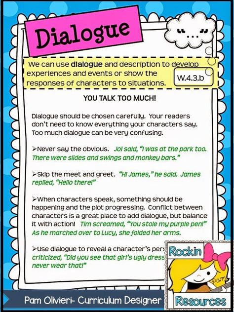 Free Writing Mini Lesson 20- Dialogue- Blog Post- Great lesson plans on how to teach dialogue! Mentor Text included along with a fun song!  Designed by Rockin Resources Dialogue Worksheet, Teaching Dialogue, Write Dialogue, 6th Grade Writing, Lucy Calkins, Writing Mini Lessons, Fun Song, 3rd Grade Writing, Writing Curriculum