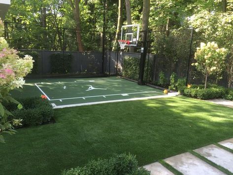 Small Courts - Sport Court Ontario Home Sports Court Outdoor, Half Basketball Court Backyard Size, Grass Basketball Court, Small Sport Court Backyard Ideas, Turf Basketball Court, Multisport Court Backyard, Residential Basketball Court, Diy Sport Court, Half Court Basketball Backyard