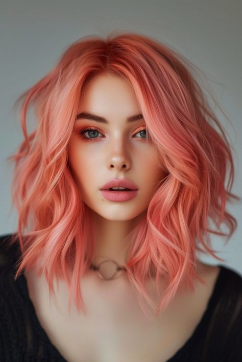 Pink Hair Red Lipstick, Types Of Pink Hair Color, Coral Colored Hair, Professional Pink Hair, Soft Hair Color Ideas, Strawberry Blonde Hair Color Rose Gold, Hair Color For Pink Skin Tone, Summer Hair Color 2024 Trend, Sherbet Hair Color