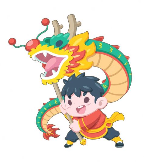 Dancing Illustration, Traditional Dragon, Chibi Dragon, Chinese New Year Dragon, Chinese Illustration, New Year Illustration, Style Boy, Cartoon Dragon, Dragon Dance