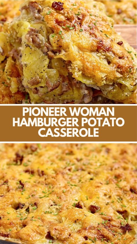 Pioneer Woman’s Hamburger Potato Casserole Recipe is made with ground beef, condensed cream of mushroom soup, milk, onions, salt, pepper, and thinly sliced potatoes, baked for 1 hour and 20 minutes to perfection with melted Cheddar cheese. Pioneer Woman Hamburger Recipes, Ground Beef Mushroom Casserole, Ground Beef And Sliced Potato Recipes, Ground Beef And Potato Bake, Ground Beef Recipes With Cream Of Mushroom Soup, Hamburger And Cream Cheese Recipes, Pioneer Woman Ground Beef Recipes, Hamburger Potato Casserole Recipes, Potato Hamburger Casserole