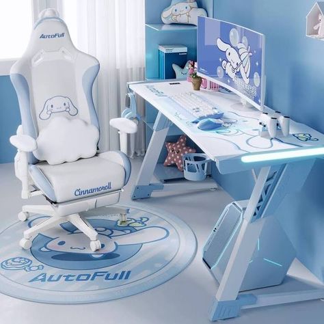 Cinnamoroll desk Autofull Gaming Chair, Cinnamoroll Desk, White Gaming Chair, Blue Gaming Chair, Sanrio Bedroom, Sanrio Room, Tech Room, Arte Do Kawaii, Blue Desk