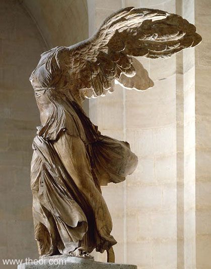 Greek Goddess of Victory, Nike by Mahealani Palepale. Wing Victory of Samothrace, also identified as the Goddess of Victory, Nike, was discovered by Charles Champoiseau in 1863 on a small island of Samothrace. This immaculate sculpture stands at 3.28m (11 feet) and is erected of Parian marble for the figurine and Gray Lartos marble for the base in which she stands on the bow of a vessel. Nike Of Samothrace, Winged Victory Of Samothrace, Winged Victory, Istoria Artei, Angel Statue, Roman Sculpture, Greek Sculpture, Louvre Museum, Art Antique