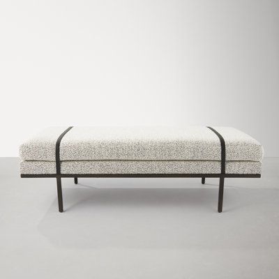 Make a chic statement. Decorative straps of black top-grain leather take chaise-style bench seating to the next level. Airy, elongated legs lend a look of lightness for balance. Color/Pattern: Gray | AllModern Booker Bench Polyester / Upholstered in Brown / Gray, Size 19.25 H x 60.0 W x 26.0 D in | Wayfair Man Bedroom, Upholstered Bench Bedroom, Black Palette, Hallway Wall Decor, Decorative Light Bulbs, Modern Living Room Furniture, Bench Seating, Bedroom Color, Bedroom Bench