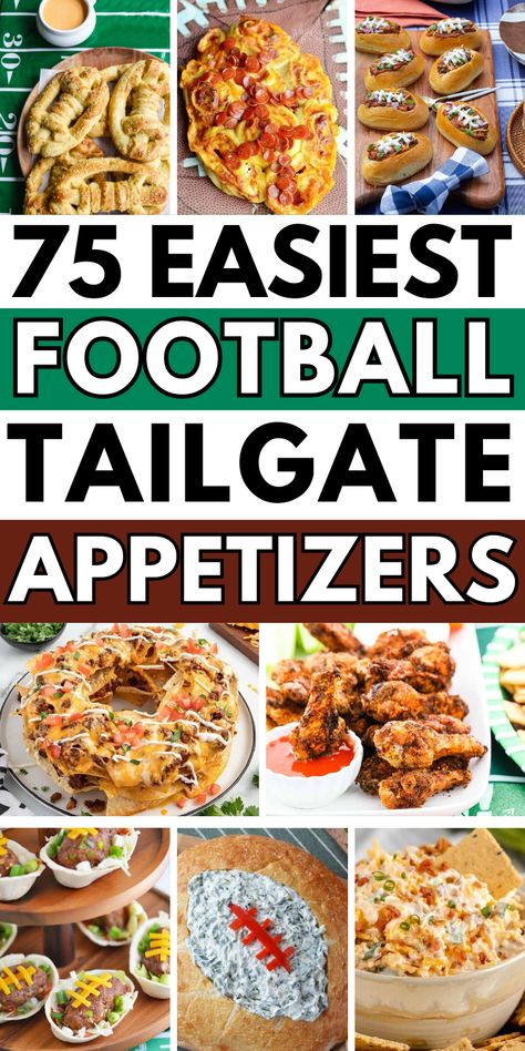 Football tailgate appetizers for a football party at home or to travel with on game day. Snack Idea Recipes, Snacks For Football Games Appetizers, Easy Meals For Football Sunday, Kc Chiefs Tailgate Food, Finger Food For Tailgating, Easy Football Apps, Appetizer Recipes Football Game, Football Game Snacks Appetizers Easy, Tailgate Food Display